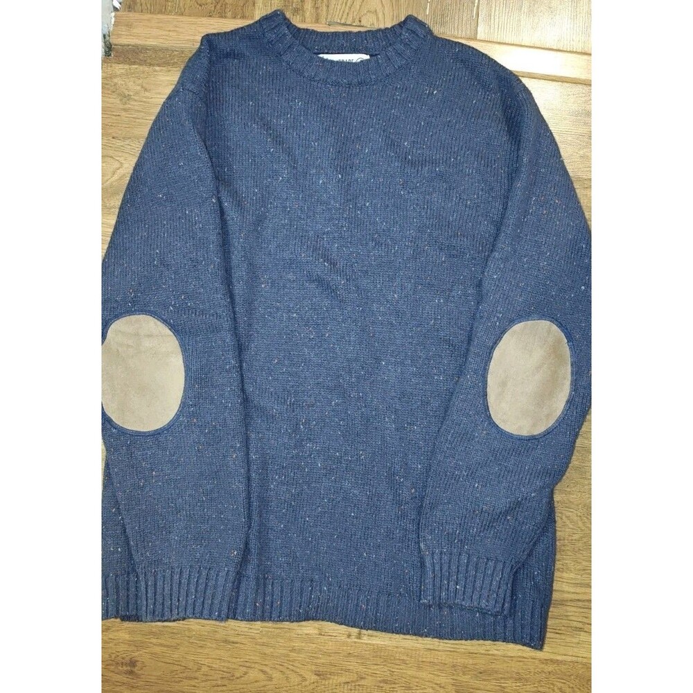 Line of Trade Sweater Blue Speckled Wool Blend Elbow Patches Crewneck Mens XL